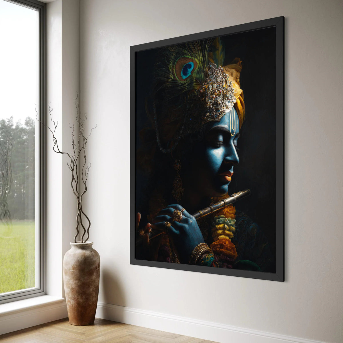 Divine Krishna Portrait Canvas, Blue God Wall Art, Indian Mythology Canvas, Spiritual Home Decoration, Musical Flute Canvas Art Print Art