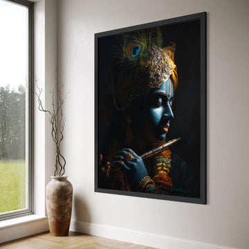Divine Krishna Portrait Canvas, Blue God Wall Art, Indian Mythology Canvas, Spiritual Home Decoration, Musical Flute Canvas Art Print Art