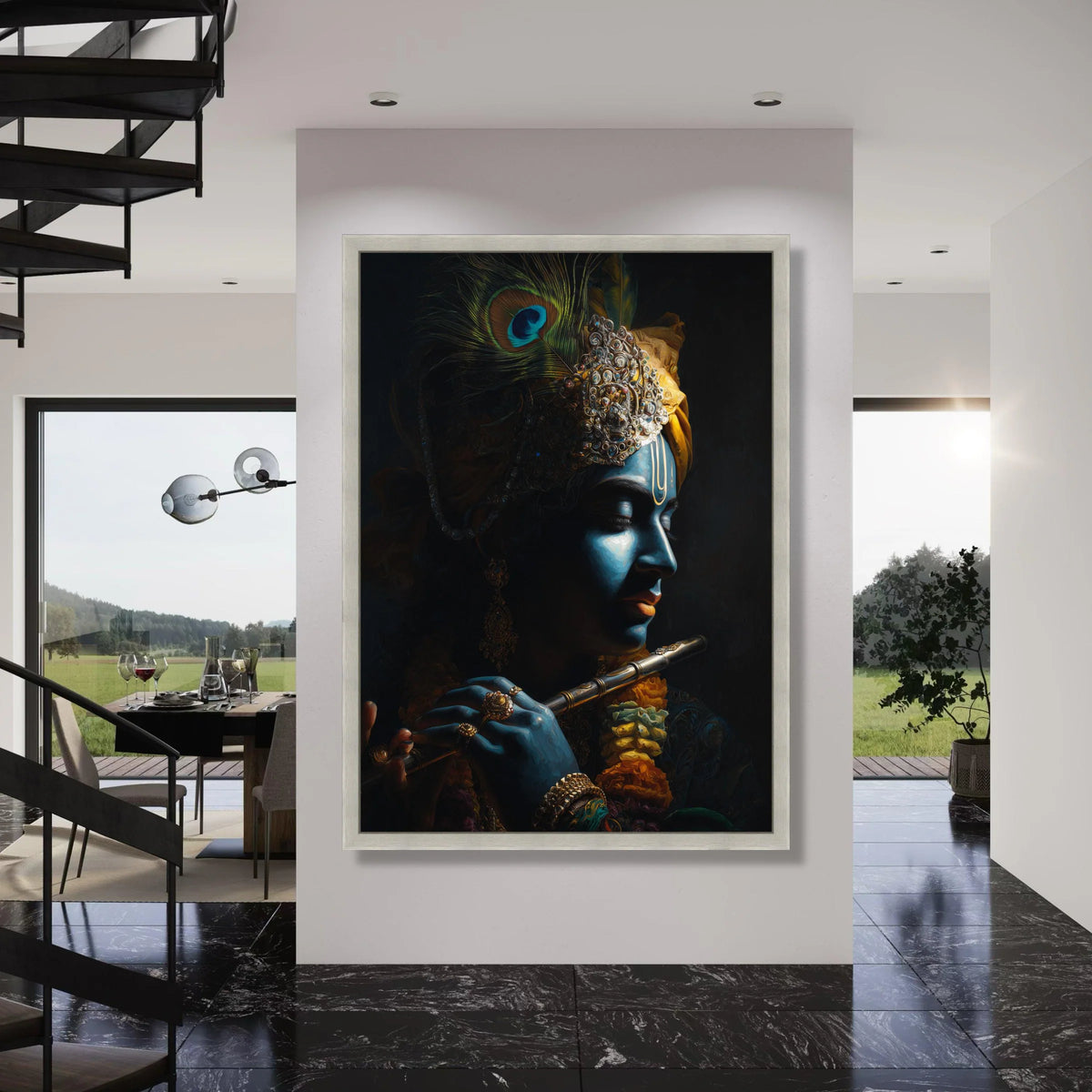 Divine Krishna Portrait Canvas, Blue God Wall Art, Indian Mythology Canvas, Spiritual Home Decoration, Musical Flute Canvas Art Print Art