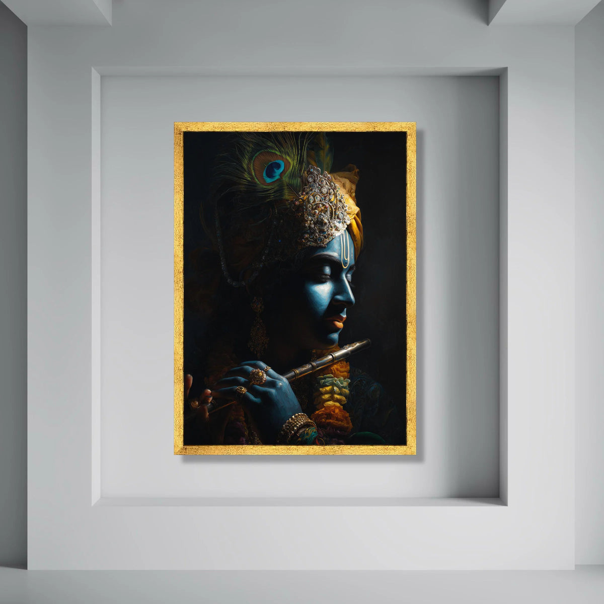 Divine Krishna Portrait Canvas, Blue God Wall Art, Indian Mythology Canvas, Spiritual Home Decoration, Musical Flute Canvas Art Print Art