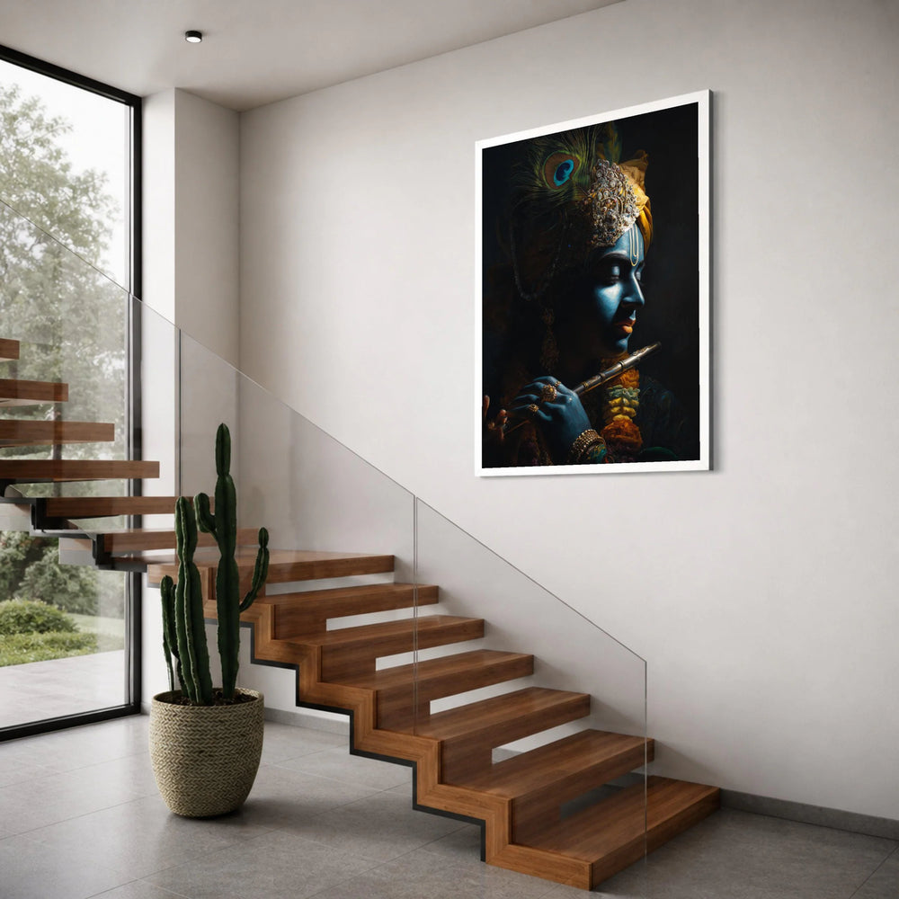 Divine Krishna Portrait Canvas, Blue God Wall Art, Indian Mythology Canvas, Spiritual Home Decoration, Musical Flute Canvas Art Print Art