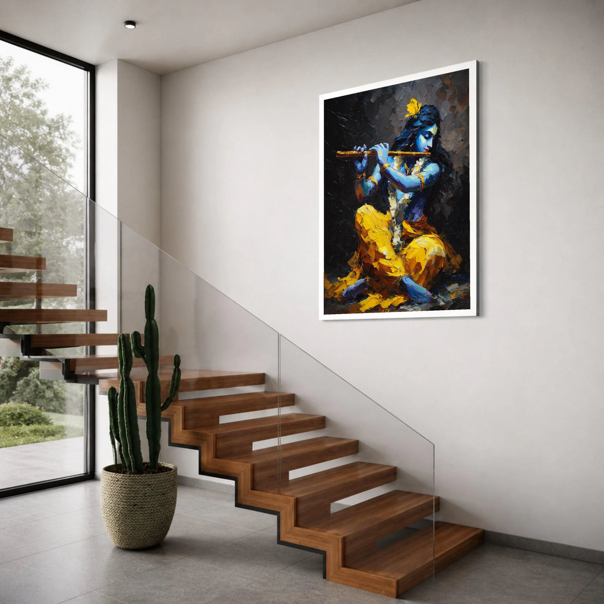 Krishna Playing Flute Canvas, Blue Hindu God Art, Spiritual Indian Wall Art, Vibrant Yellow and Blue Canvas, Ethnic Home Print Art