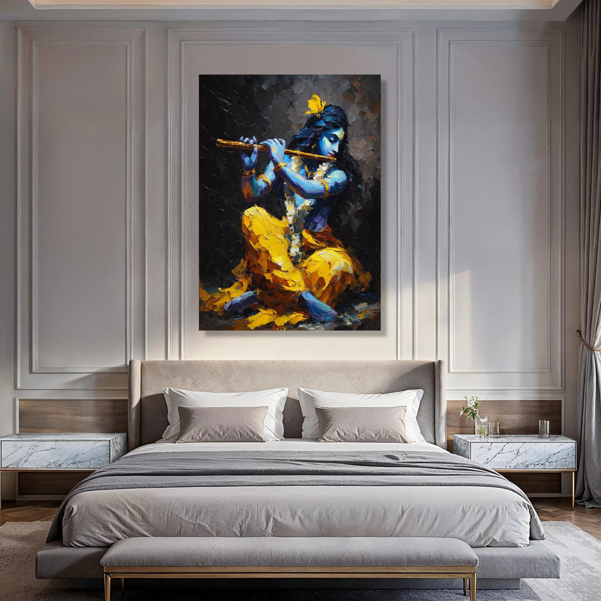 Krishna Playing Flute Canvas, Blue Hindu God Art, Spiritual Indian Wall Art, Vibrant Yellow and Blue Canvas, Ethnic Home Print Art