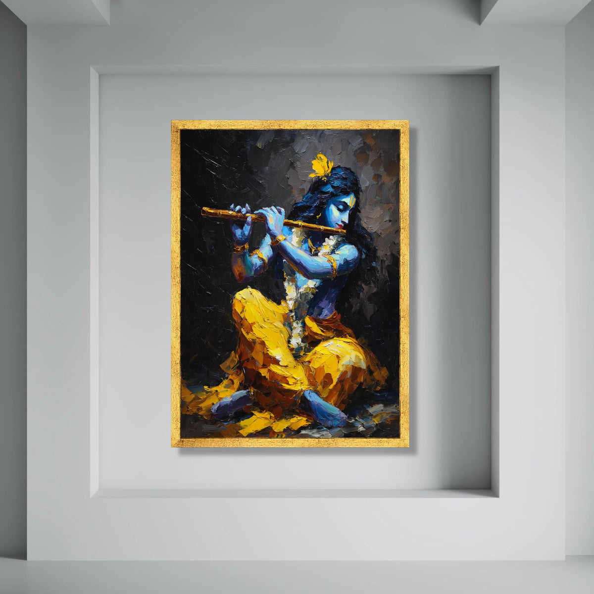 Krishna Playing Flute Canvas, Blue Hindu God Art, Spiritual Indian Wall Art, Vibrant Yellow and Blue Canvas, Ethnic Home Print Art