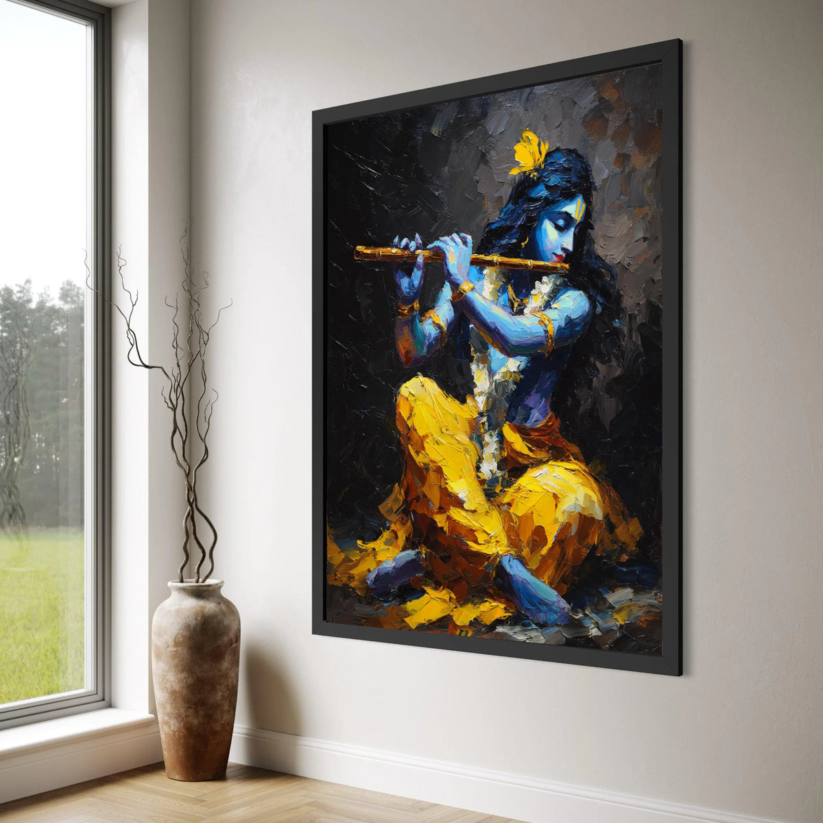 Krishna Playing Flute Canvas, Blue Hindu God Art, Spiritual Indian Wall Art, Vibrant Yellow and Blue Canvas, Ethnic Home Print Art