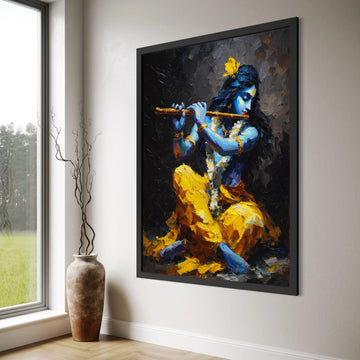 Krishna Playing Flute Canvas, Blue Hindu God Art, Spiritual Indian Wall Art, Vibrant Yellow and Blue Canvas, Ethnic Home Print Art