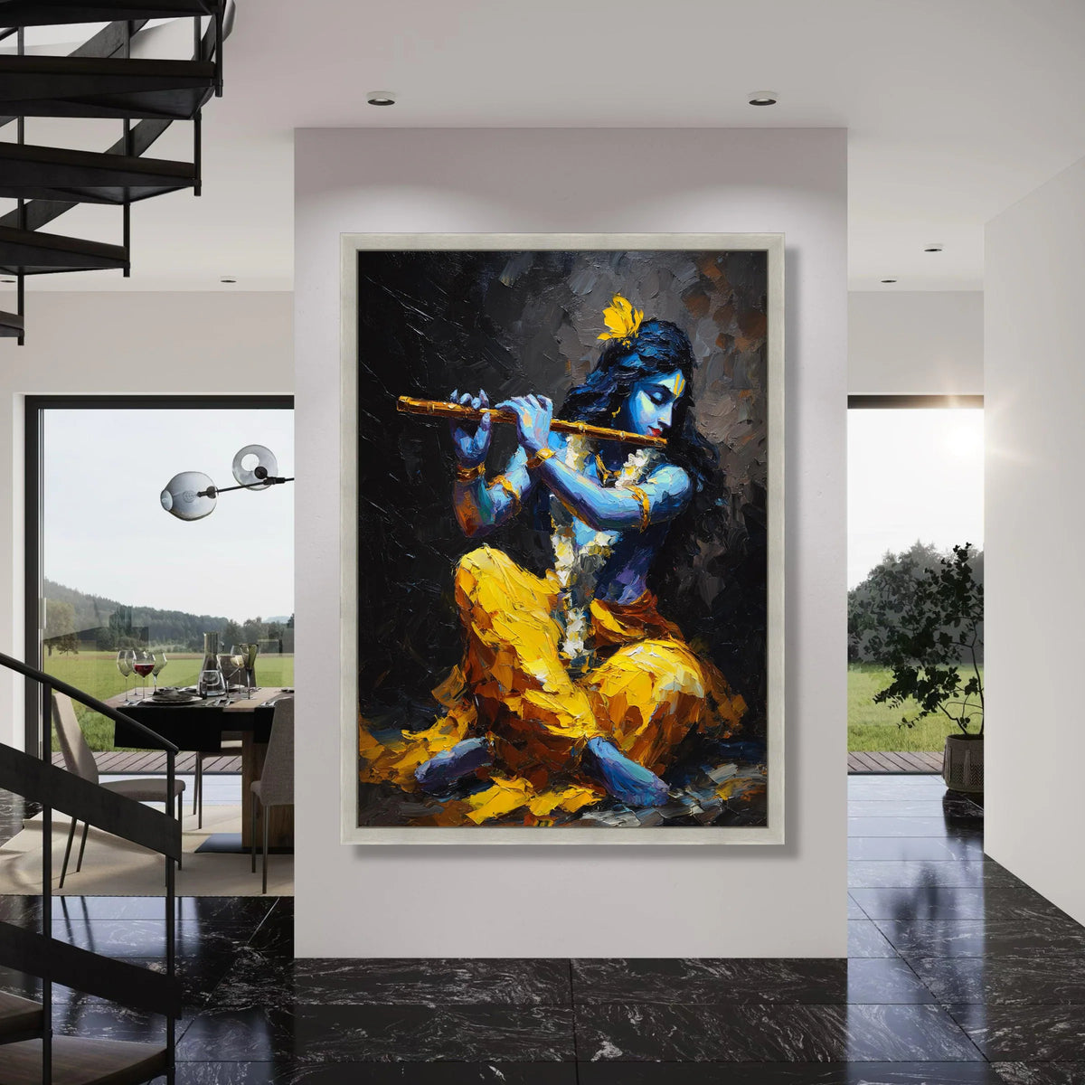 Krishna Playing Flute Canvas, Blue Hindu God Art, Spiritual Indian Wall Art, Vibrant Yellow and Blue Canvas, Ethnic Home Print Art