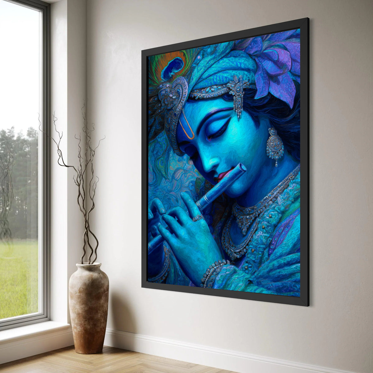 Blue Krishna Playing Flute Canvas, Indian Mythology Wall Art, Spiritual Home Decor, Divine Figure Canvas Artwork, Ready to Hang Print Art