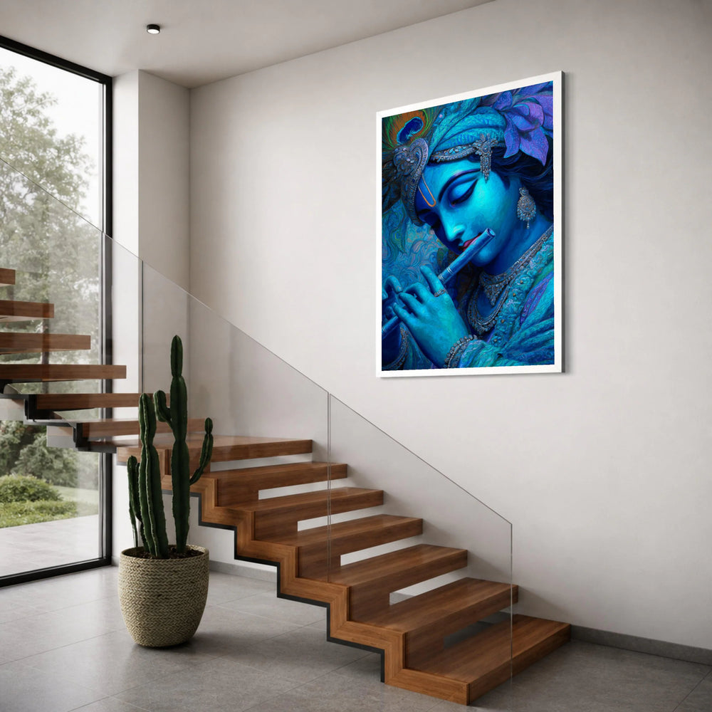 Blue Krishna Playing Flute Canvas, Indian Mythology Wall Art, Spiritual Home Decor, Divine Figure Canvas Artwork, Ready to Hang Print Art