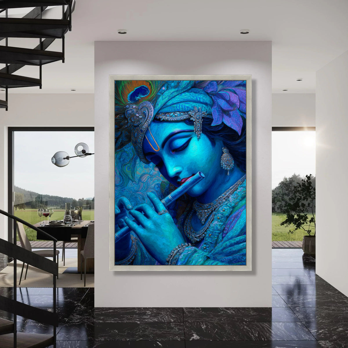 Blue Krishna Playing Flute Canvas, Indian Mythology Wall Art, Spiritual Home Decor, Divine Figure Canvas Artwork, Ready to Hang Print Art