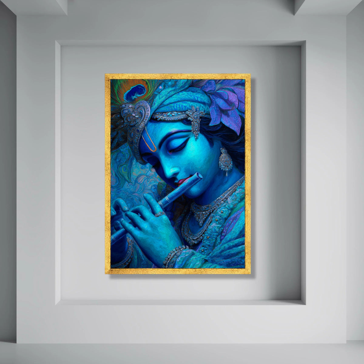 Blue Krishna Playing Flute Canvas, Indian Mythology Wall Art, Spiritual Home Decor, Divine Figure Canvas Artwork, Ready to Hang Print Art