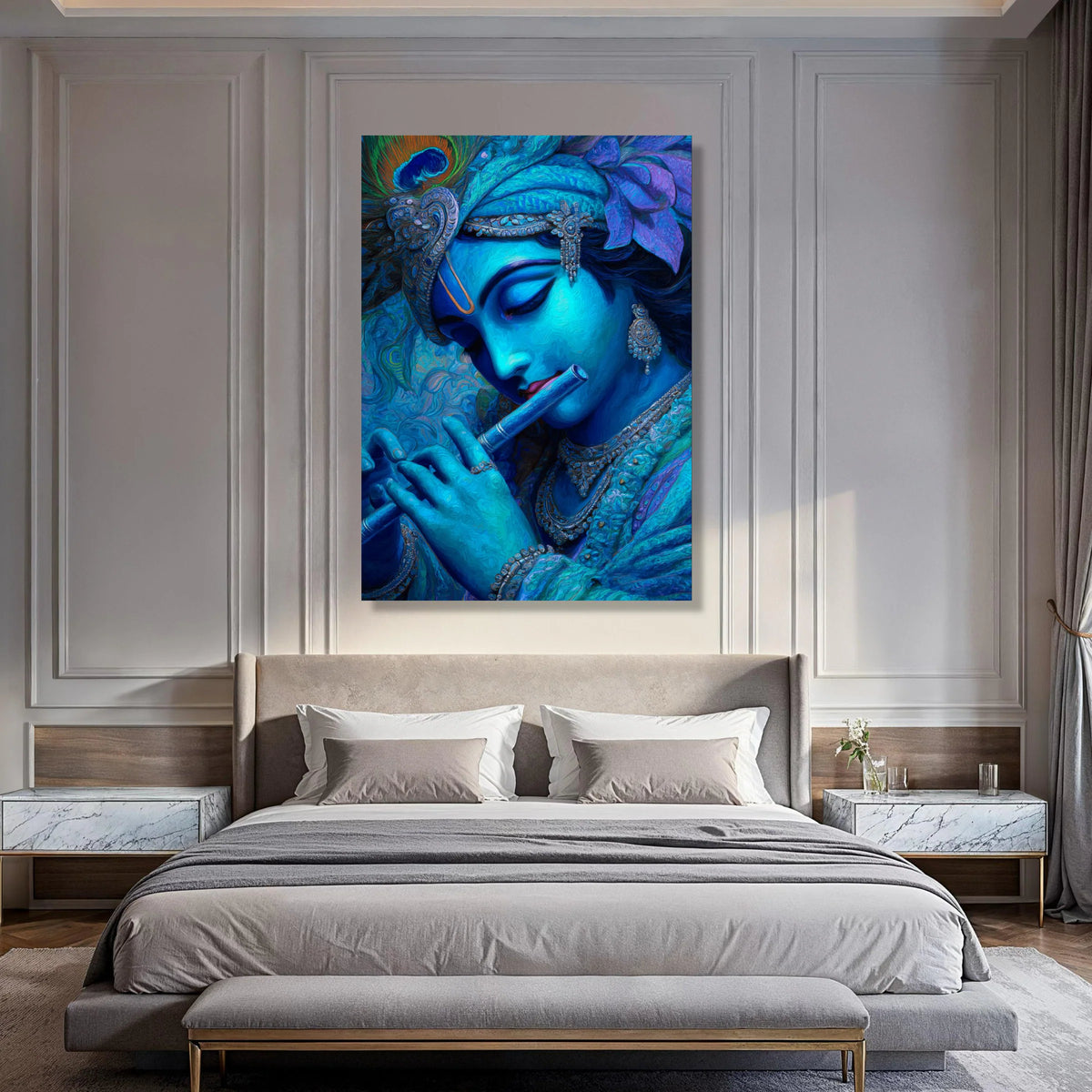 Blue Krishna Playing Flute Canvas, Indian Mythology Wall Art, Spiritual Home Decor, Divine Figure Canvas Artwork, Ready to Hang Print Art