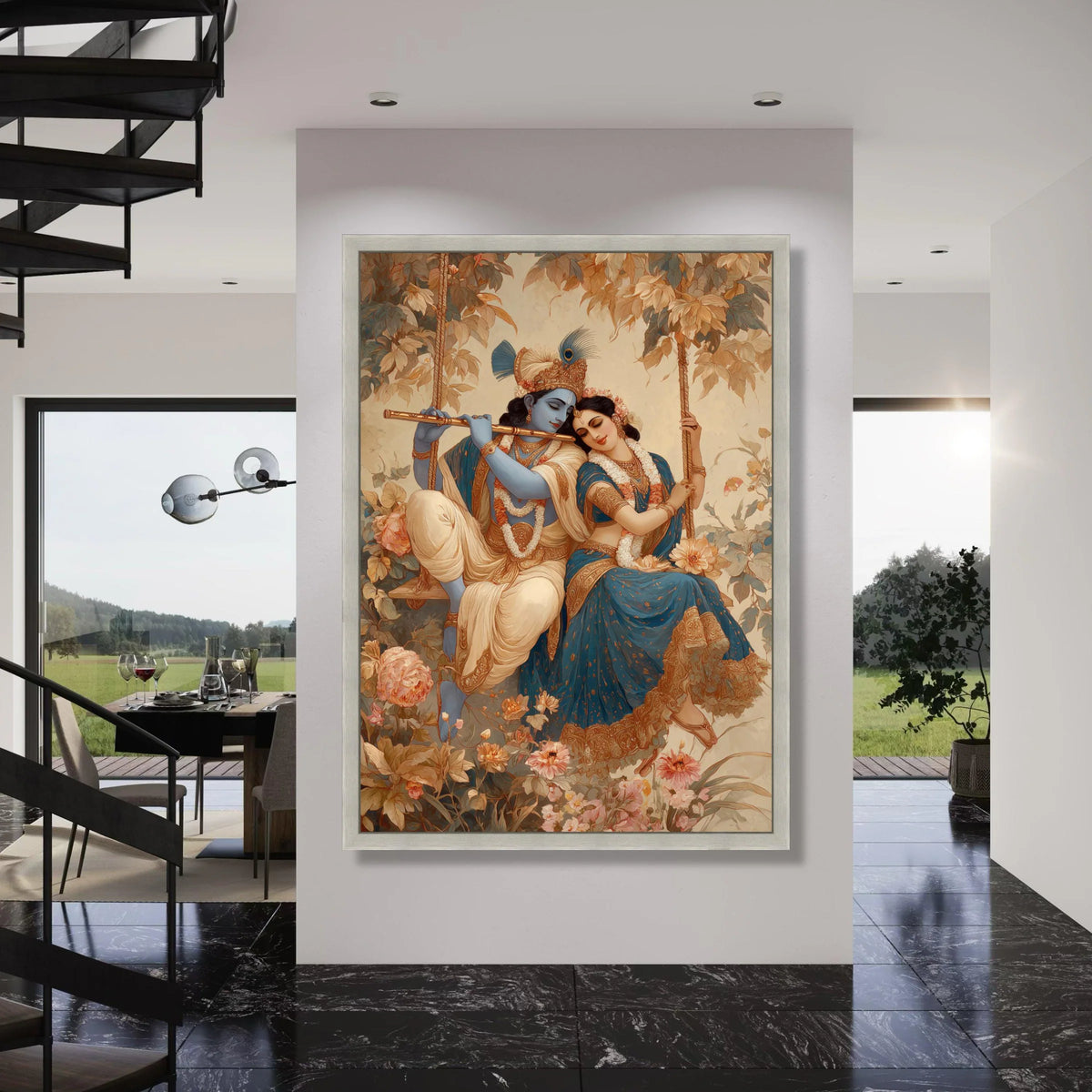 Romantic Krishna and Radha on Swing Canvas, Indian Mythology Wall Art, Blue and Gold Decorative Painting, Floral Background Canvas Print Art