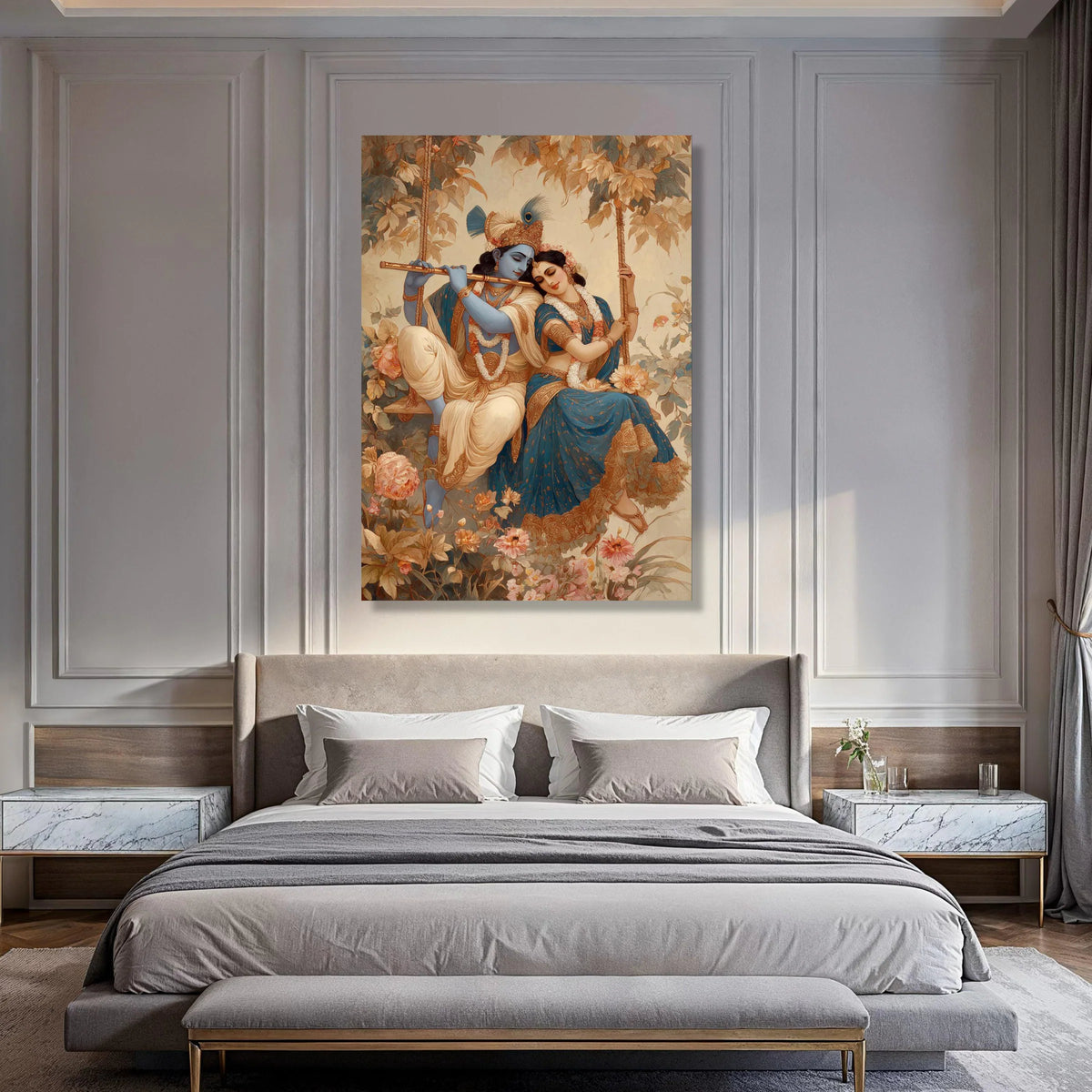 Romantic Krishna and Radha on Swing Canvas, Indian Mythology Wall Art, Blue and Gold Decorative Painting, Floral Background Canvas Print Art
