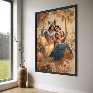 Romantic Krishna and Radha on Swing Canvas, Indian Mythology Wall Art, Blue and Gold Decorative Painting, Floral Background Canvas Print Art