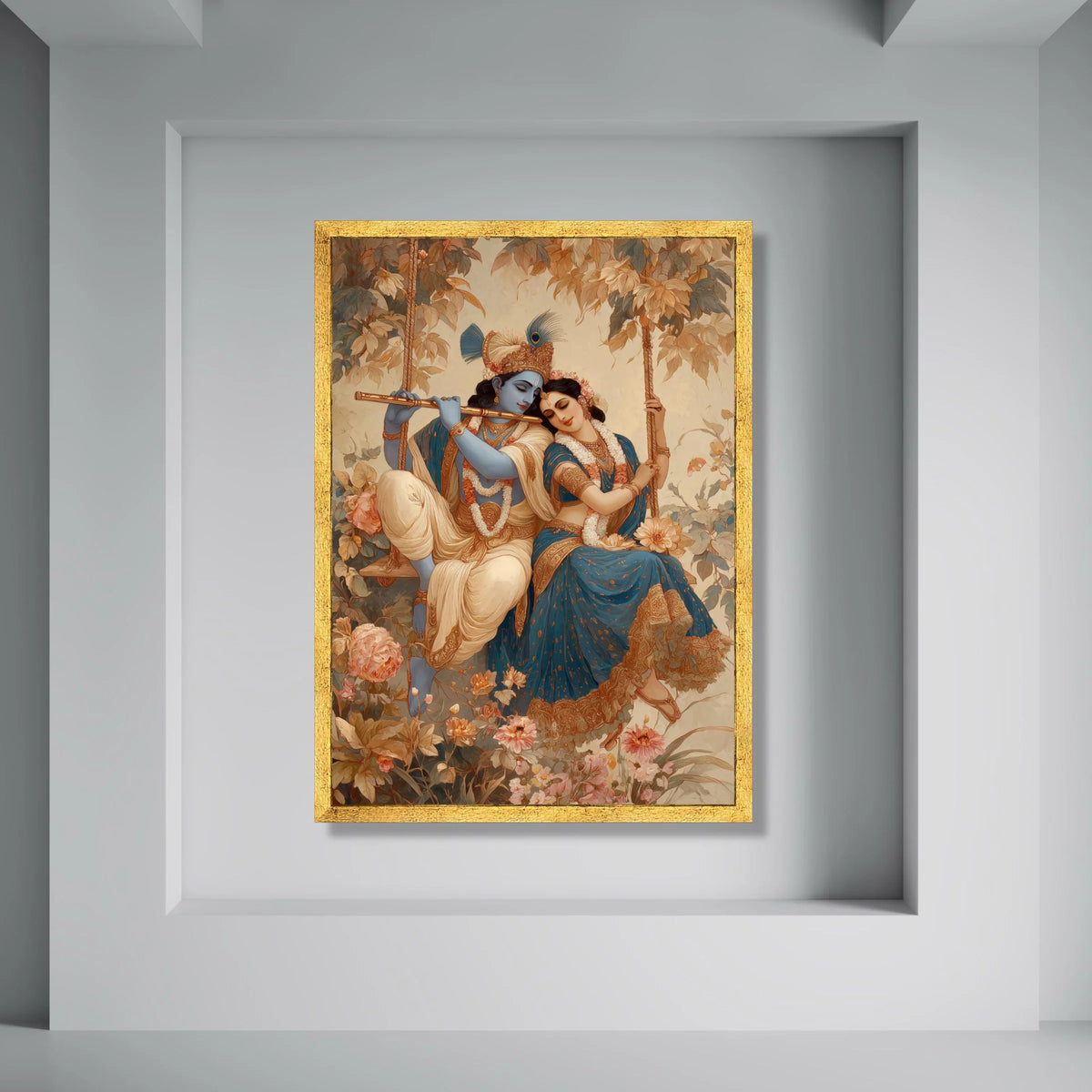Romantic Krishna and Radha on Swing Canvas, Indian Mythology Wall Art, Blue and Gold Decorative Painting, Floral Background Canvas Print Art