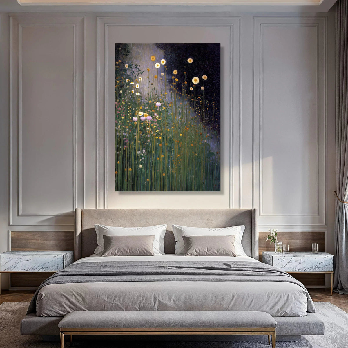 Enchanted Wildflower Meadow Canvas, Night Garden Floral Wall Art, Vertical Blooms Canvas, Nature Landscape Decoration, Ready to Print Art