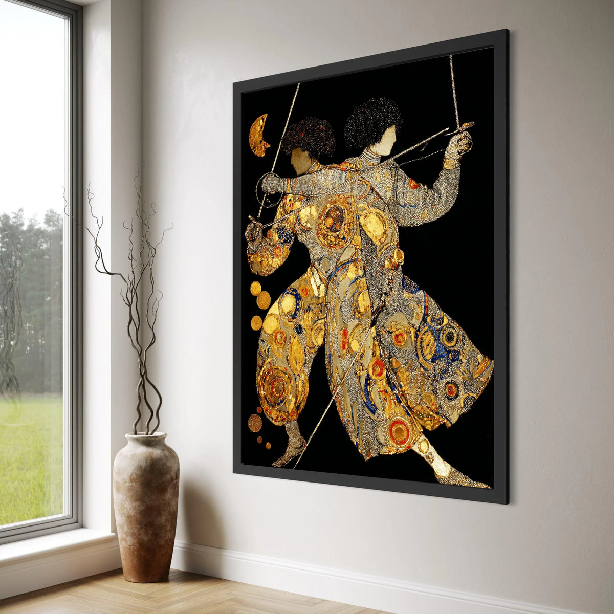 Dual Swordsmen Canvas Wall Art, Abstract Fencing Figures, Gold and Blue Accents, Modern Decorative Canvas, Martial Arts Wall Print Art