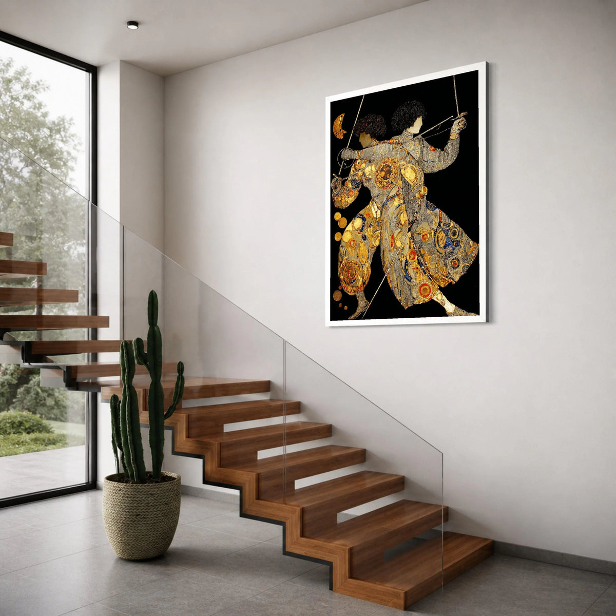 Dual Swordsmen Canvas Wall Art, Abstract Fencing Figures, Gold and Blue Accents, Modern Decorative Canvas, Martial Arts Wall Print Art