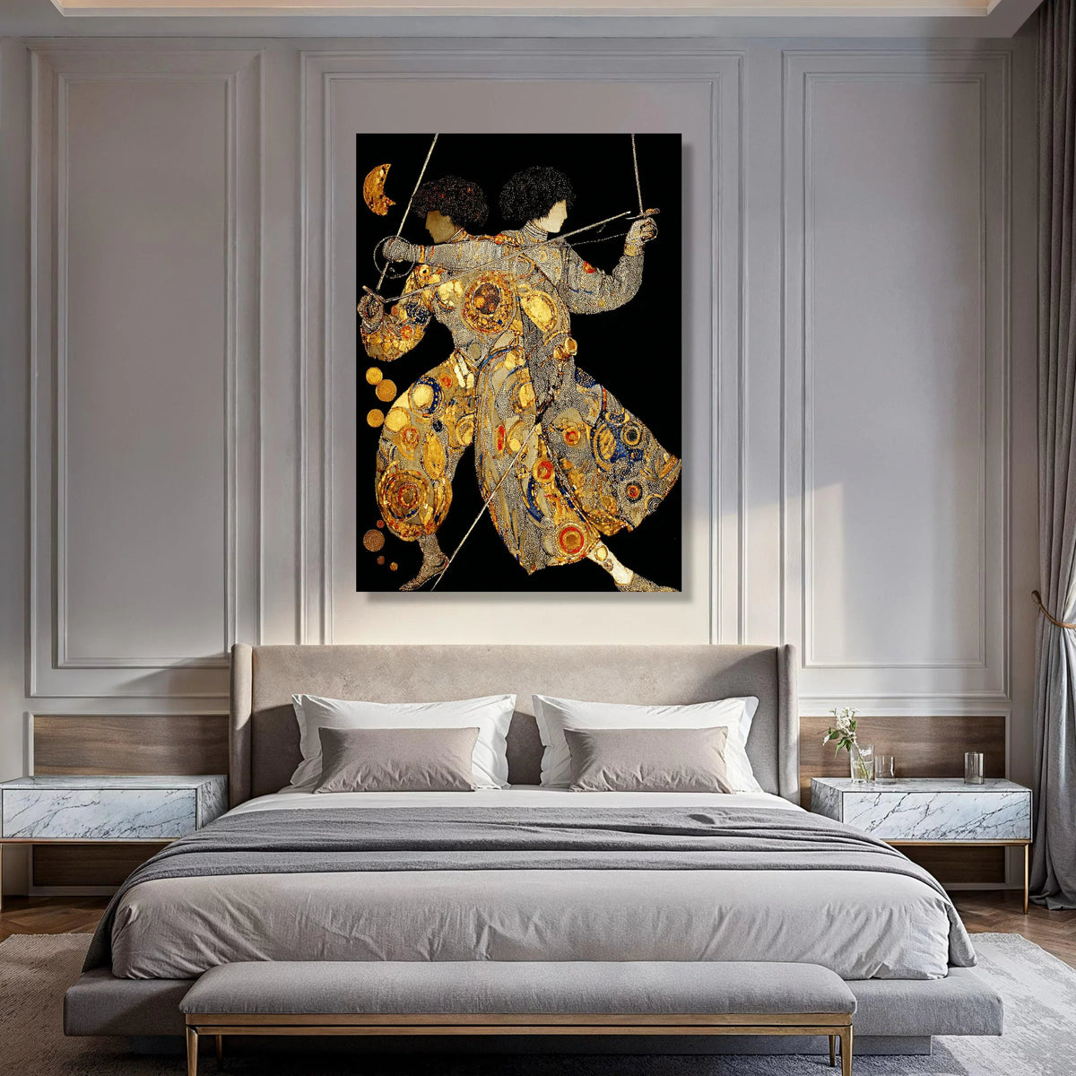 Dual Swordsmen Canvas Wall Art, Abstract Fencing Figures, Gold and Blue Accents, Modern Decorative Canvas, Martial Arts Wall Print Art