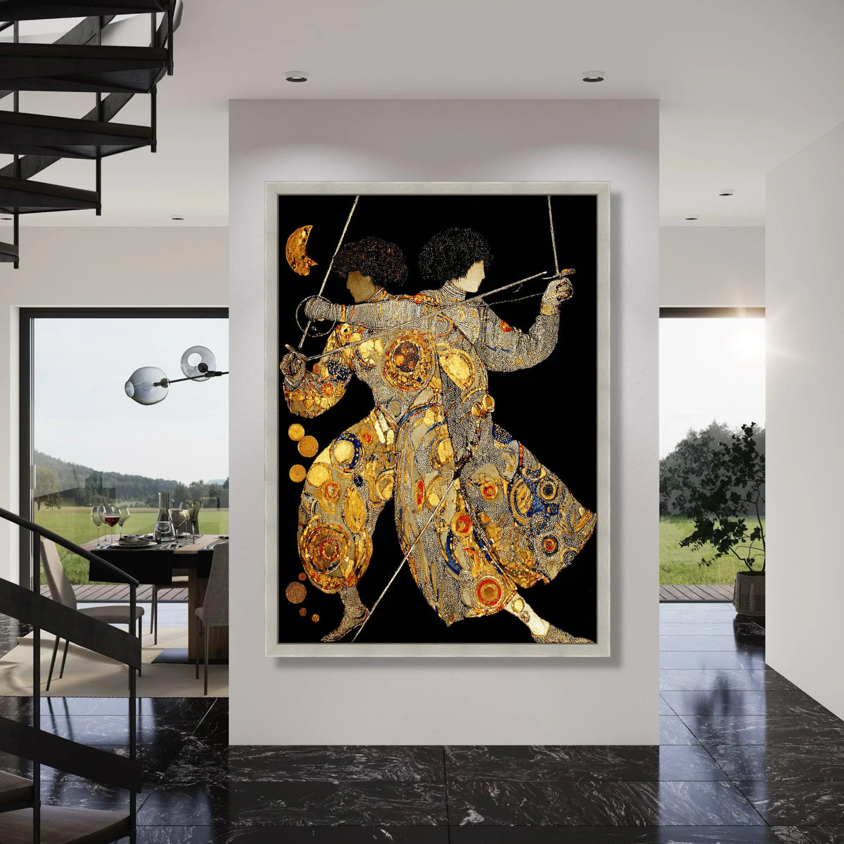 Dual Swordsmen Canvas Wall Art, Abstract Fencing Figures, Gold and Blue Accents, Modern Decorative Canvas, Martial Arts Wall Print Art