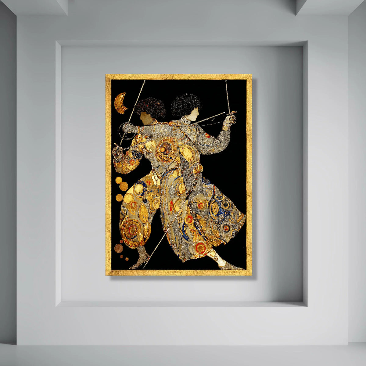 Dual Swordsmen Canvas Wall Art, Abstract Fencing Figures, Gold and Blue Accents, Modern Decorative Canvas, Martial Arts Wall Print Art