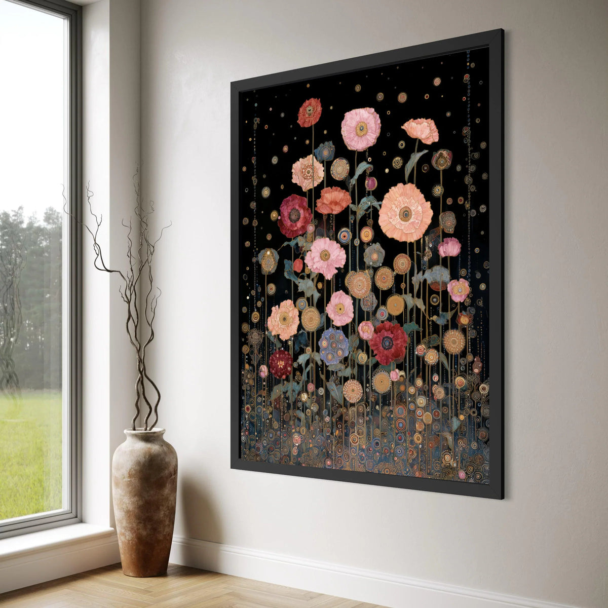 Abstract Floral Garden Canvas Wall Art, Modern Poppy Flowers on Black Background, Decorative Nature Canvas, Contemporary Floral Print Art