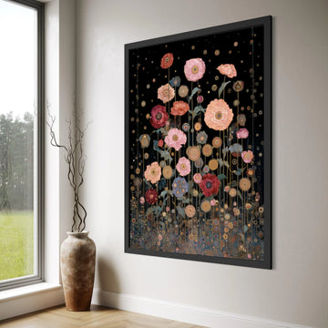 Abstract Floral Garden Canvas Wall Art, Modern Poppy Flowers on Black Background, Decorative Nature Canvas, Contemporary Floral Print Art