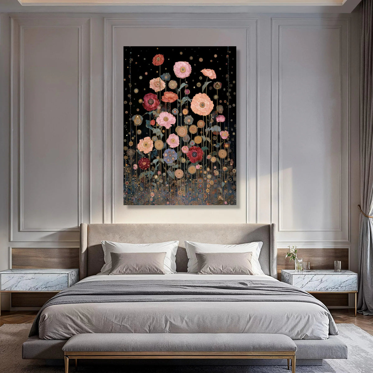 Abstract Floral Garden Canvas Wall Art, Modern Poppy Flowers on Black Background, Decorative Nature Canvas, Contemporary Floral Print Art