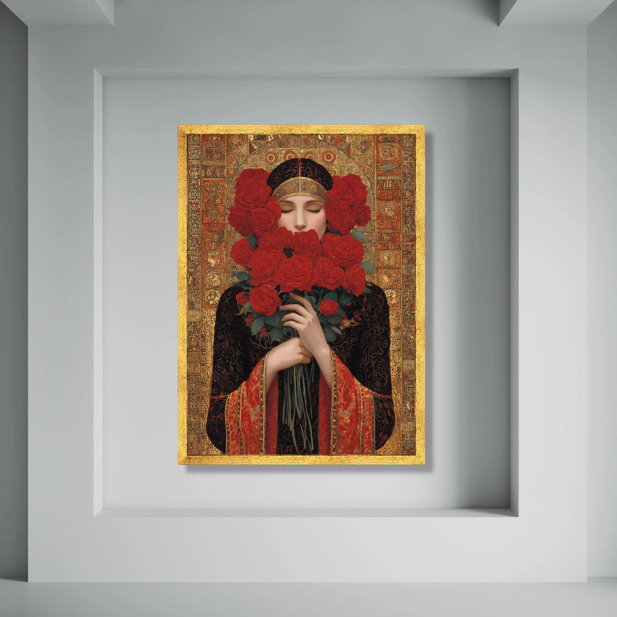 Woman with Red Roses Bouquet Canvas, Elegant Portrait Wall Art, Vintage Floral Decoration, Ornate Gold Background Canvas, Bedroom Print Art