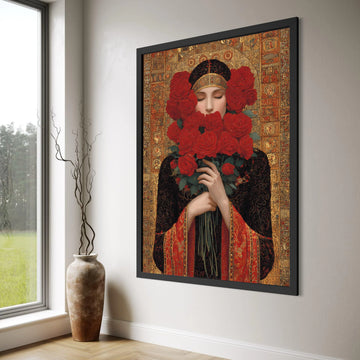Woman with Red Roses Bouquet Canvas, Elegant Portrait Wall Art, Vintage Floral Decoration, Ornate Gold Background Canvas, Bedroom Print Art