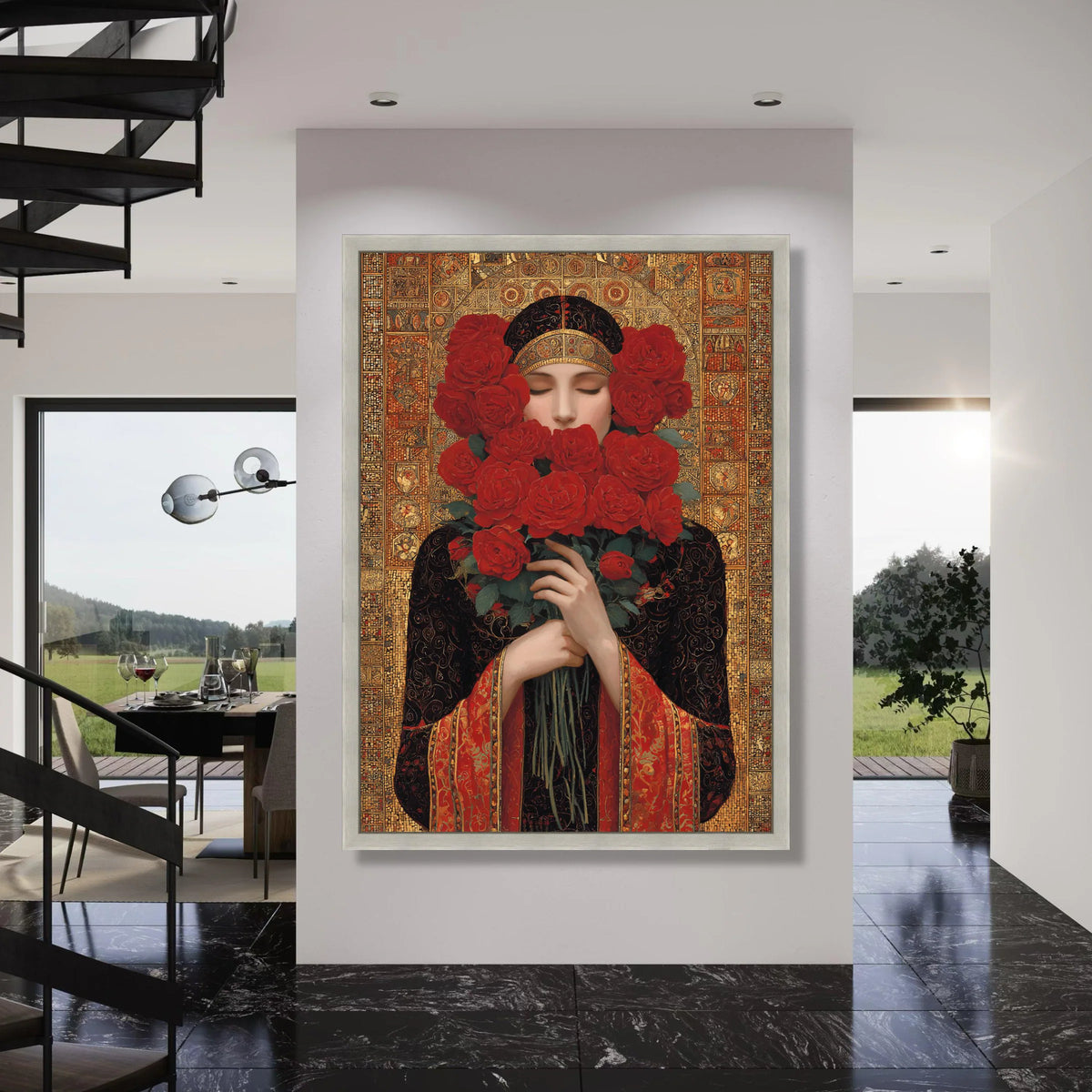 Woman with Red Roses Bouquet Canvas, Elegant Portrait Wall Art, Vintage Floral Decoration, Ornate Gold Background Canvas, Bedroom Print Art