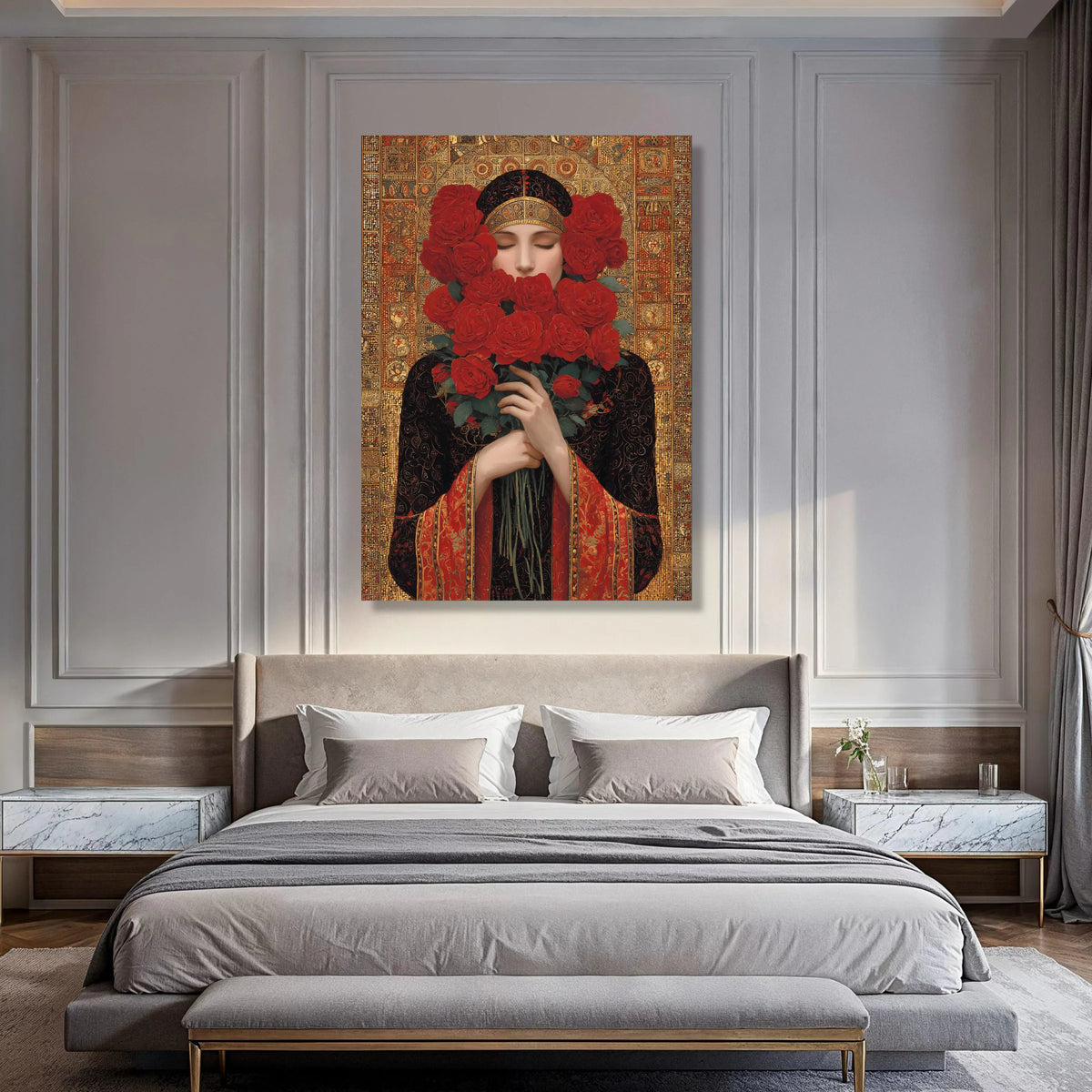 Woman with Red Roses Bouquet Canvas, Elegant Portrait Wall Art, Vintage Floral Decoration, Ornate Gold Background Canvas, Bedroom Print Art