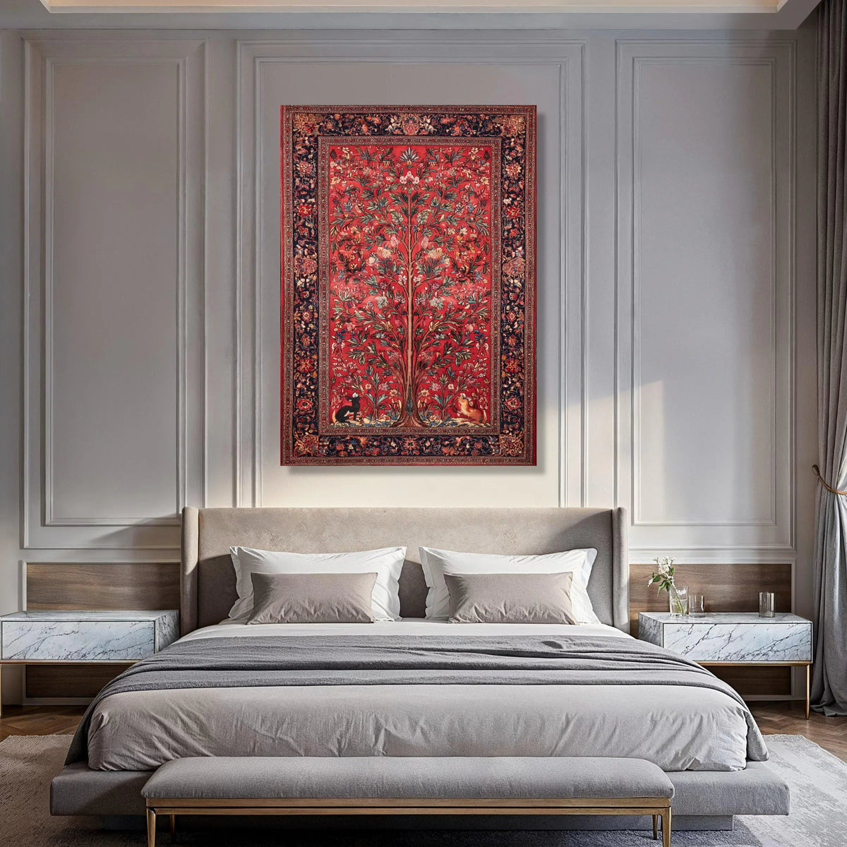 Majestic Tree of Life Canvas, Persian Style Floral Wall Art, Decorative Wildlife Canvas, Vibrant Red Botanical Canvas, Traditional Print Art