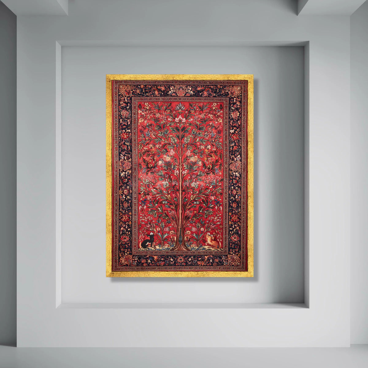 Majestic Tree of Life Canvas, Persian Style Floral Wall Art, Decorative Wildlife Canvas, Vibrant Red Botanical Canvas, Traditional Print Art