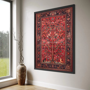 Majestic Tree of Life Canvas, Persian Style Floral Wall Art, Decorative Wildlife Canvas, Vibrant Red Botanical Canvas, Traditional Print Art
