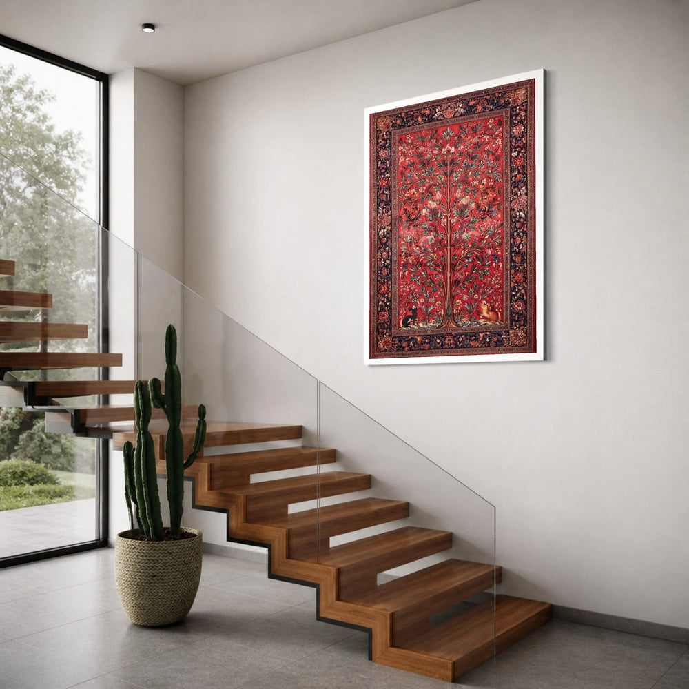 Majestic Tree of Life Canvas, Persian Style Floral Wall Art, Decorative Wildlife Canvas, Vibrant Red Botanical Canvas, Traditional Print Art