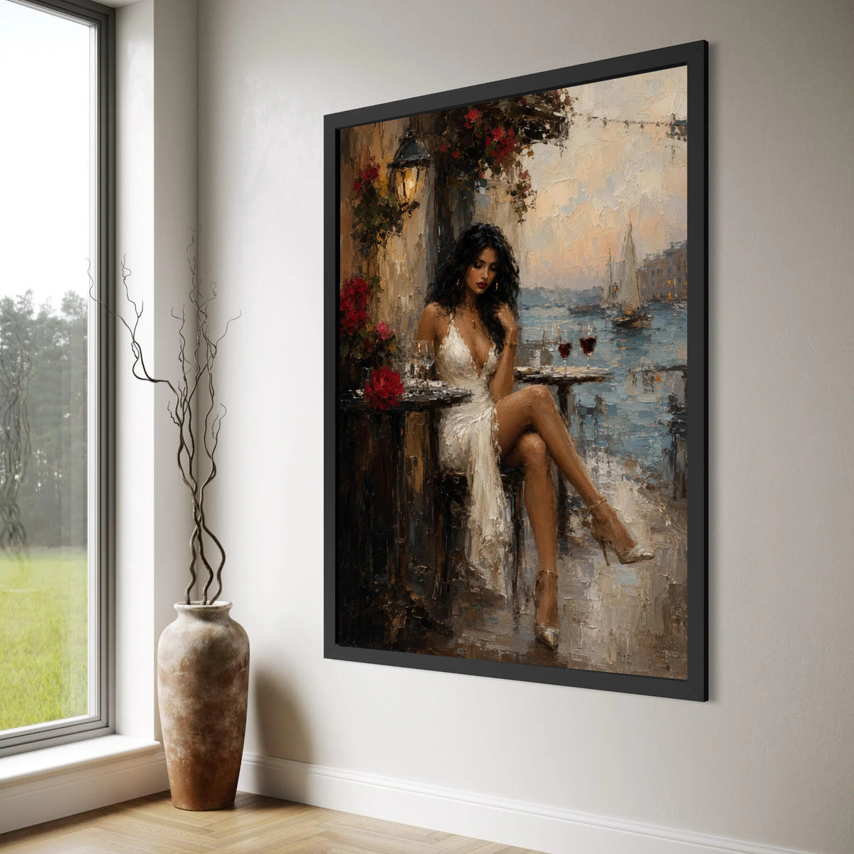 Elegant Woman White Dress, Seaside Cafe Canvas, Romantic Evening Scene Wall Art, Luxury Fashion Art, Home Decor Canvas Print Art