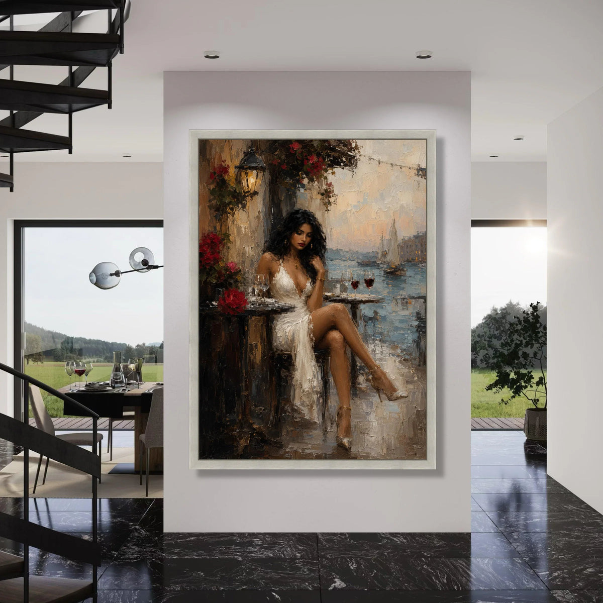 Elegant Woman White Dress, Seaside Cafe Canvas, Romantic Evening Scene Wall Art, Luxury Fashion Art, Home Decor Canvas Print Art