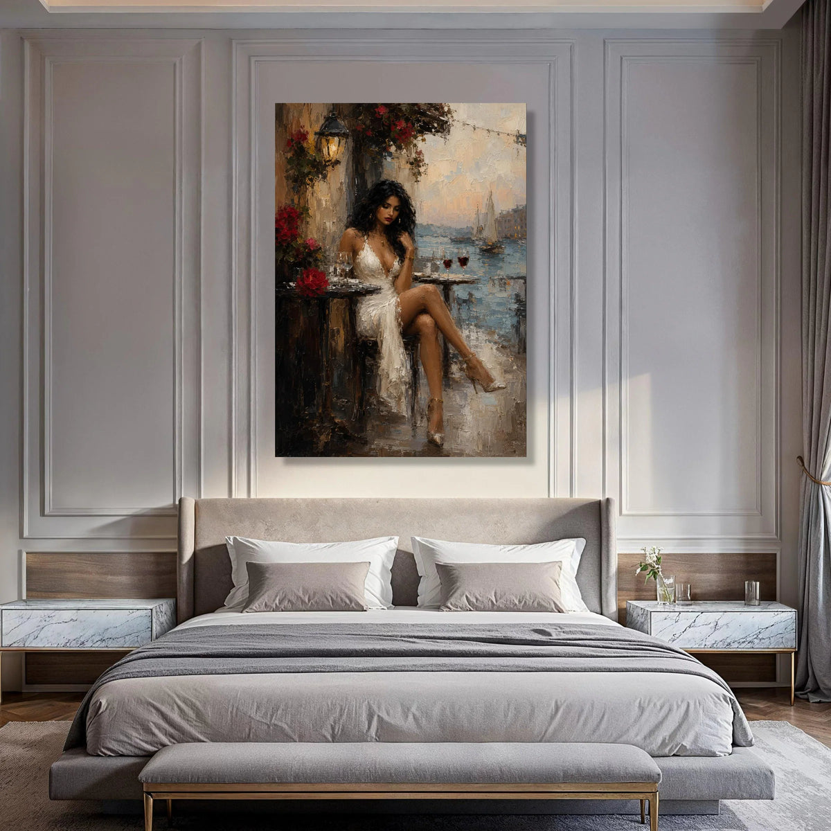 Elegant Woman White Dress, Seaside Cafe Canvas, Romantic Evening Scene Wall Art, Luxury Fashion Art, Home Decor Canvas Print Art