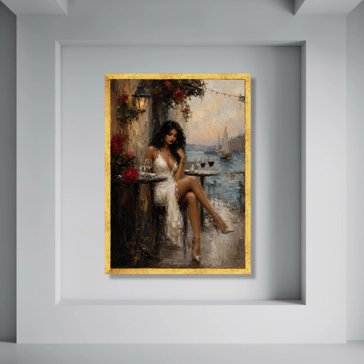 Elegant Woman White Dress, Seaside Cafe Canvas, Romantic Evening Scene Wall Art, Luxury Fashion Art, Home Decor Canvas Print Art