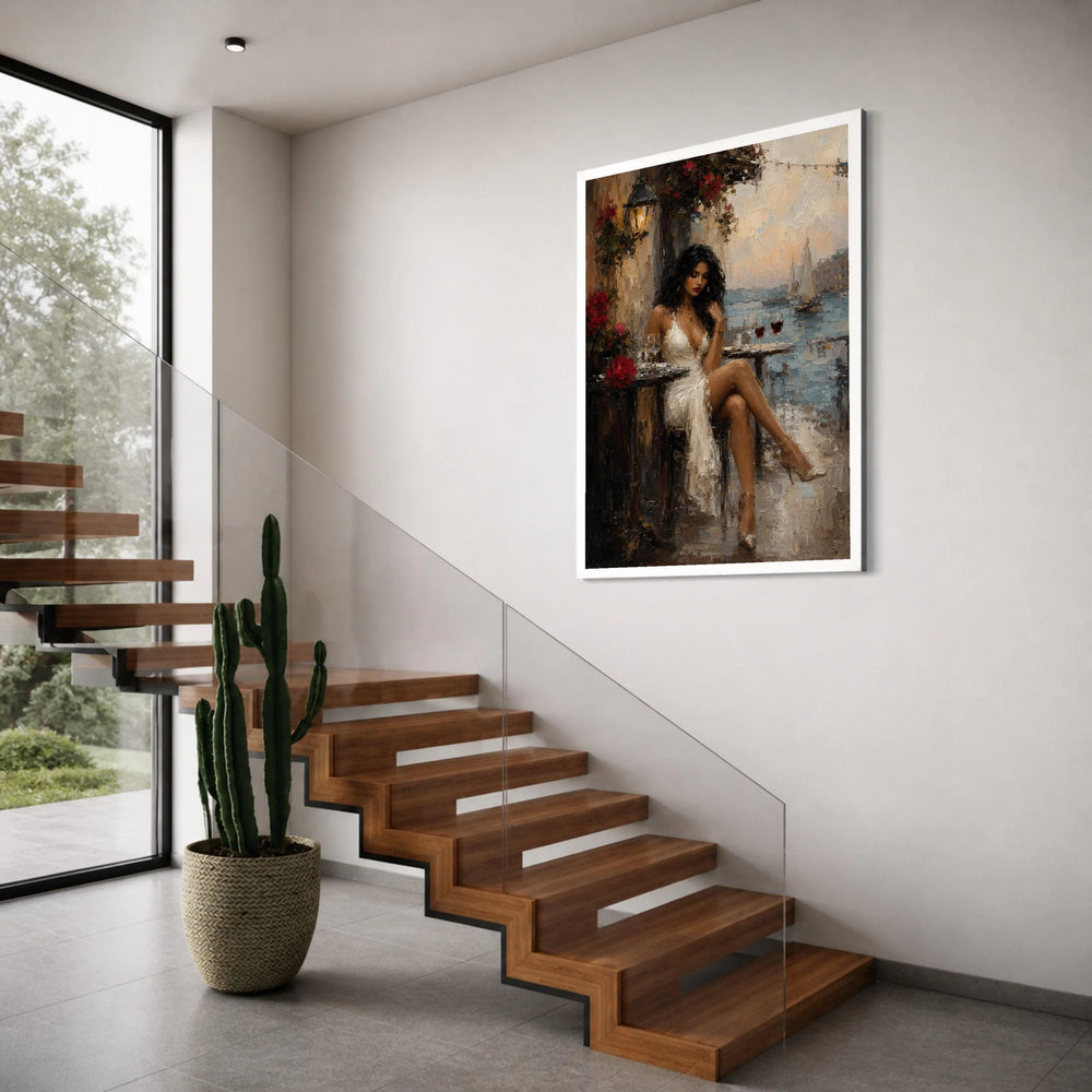 Elegant Woman White Dress, Seaside Cafe Canvas, Romantic Evening Scene Wall Art, Luxury Fashion Art, Home Decor Canvas Print Art