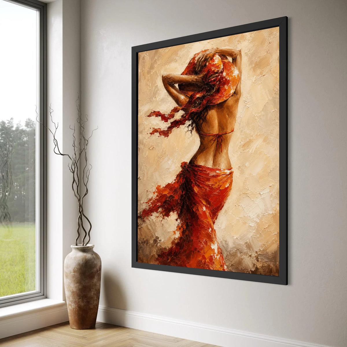 Woman Flowing Red Dress Canvas, Summer Hat Wall Art, Elegant Female Figure Painting, Warm Toned Home Decor, Ready to Hang Canvas Print Art
