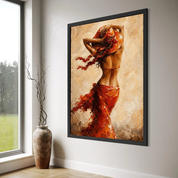 Woman Flowing Red Dress Canvas, Summer Hat Wall Art, Elegant Female Figure Painting, Warm Toned Home Decor, Ready to Hang Canvas Print Art
