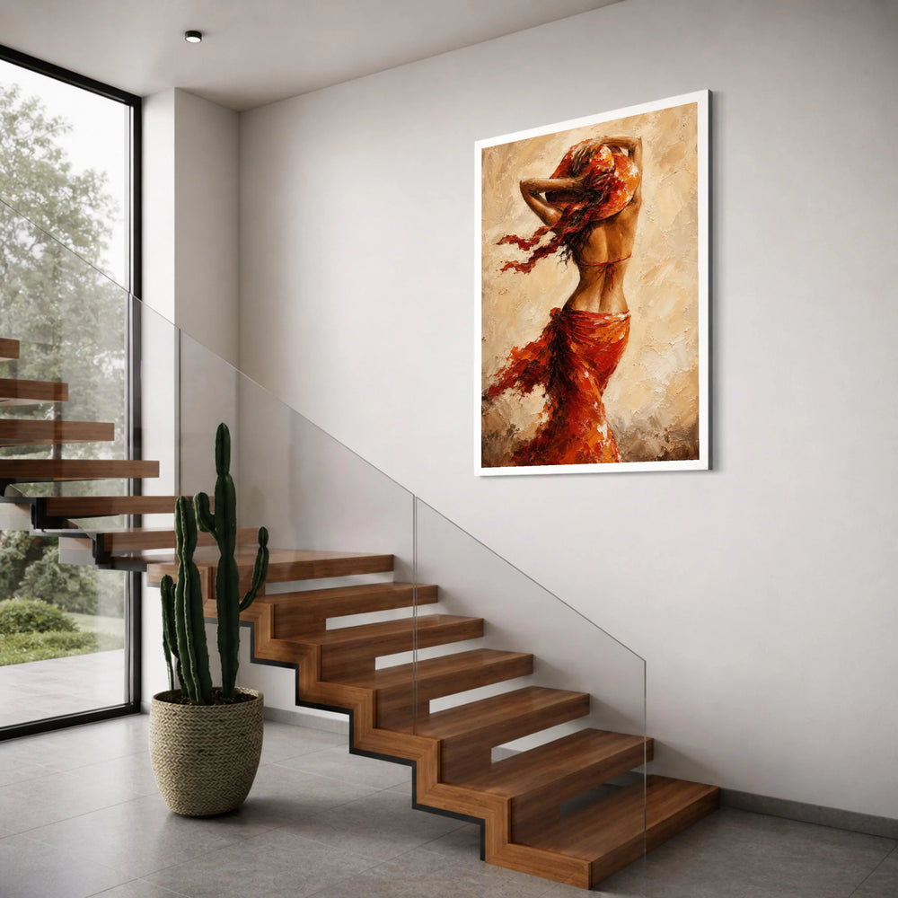 Woman Flowing Red Dress Canvas, Summer Hat Wall Art, Elegant Female Figure Painting, Warm Toned Home Decor, Ready to Hang Canvas Print Art