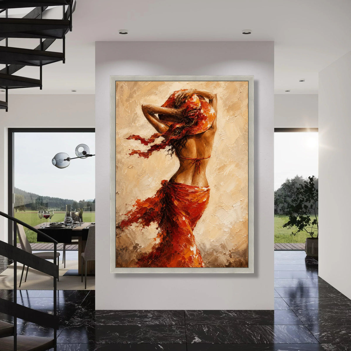 Woman Flowing Red Dress Canvas, Summer Hat Wall Art, Elegant Female Figure Painting, Warm Toned Home Decor, Ready to Hang Canvas Print Art