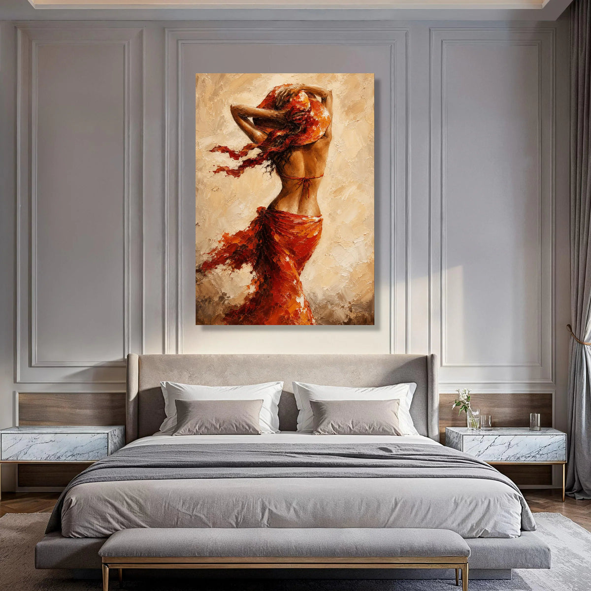 Woman Flowing Red Dress Canvas, Summer Hat Wall Art, Elegant Female Figure Painting, Warm Toned Home Decor, Ready to Hang Canvas Print Art