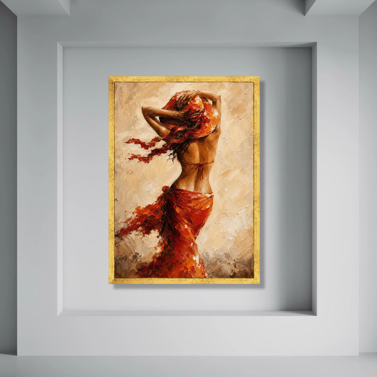 Woman Flowing Red Dress Canvas, Summer Hat Wall Art, Elegant Female Figure Painting, Warm Toned Home Decor, Ready to Hang Canvas Print Art