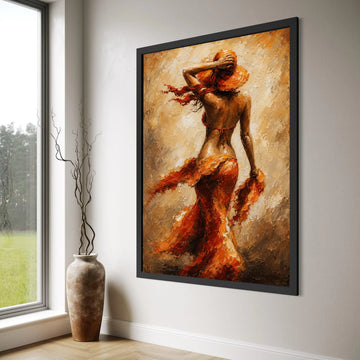 Woman Orange Dress and Hat Canvas, Abstract Female Figure Art, Beach Style Wall Decor, Warm Color Canvas, Modern Home Decoration Print Art