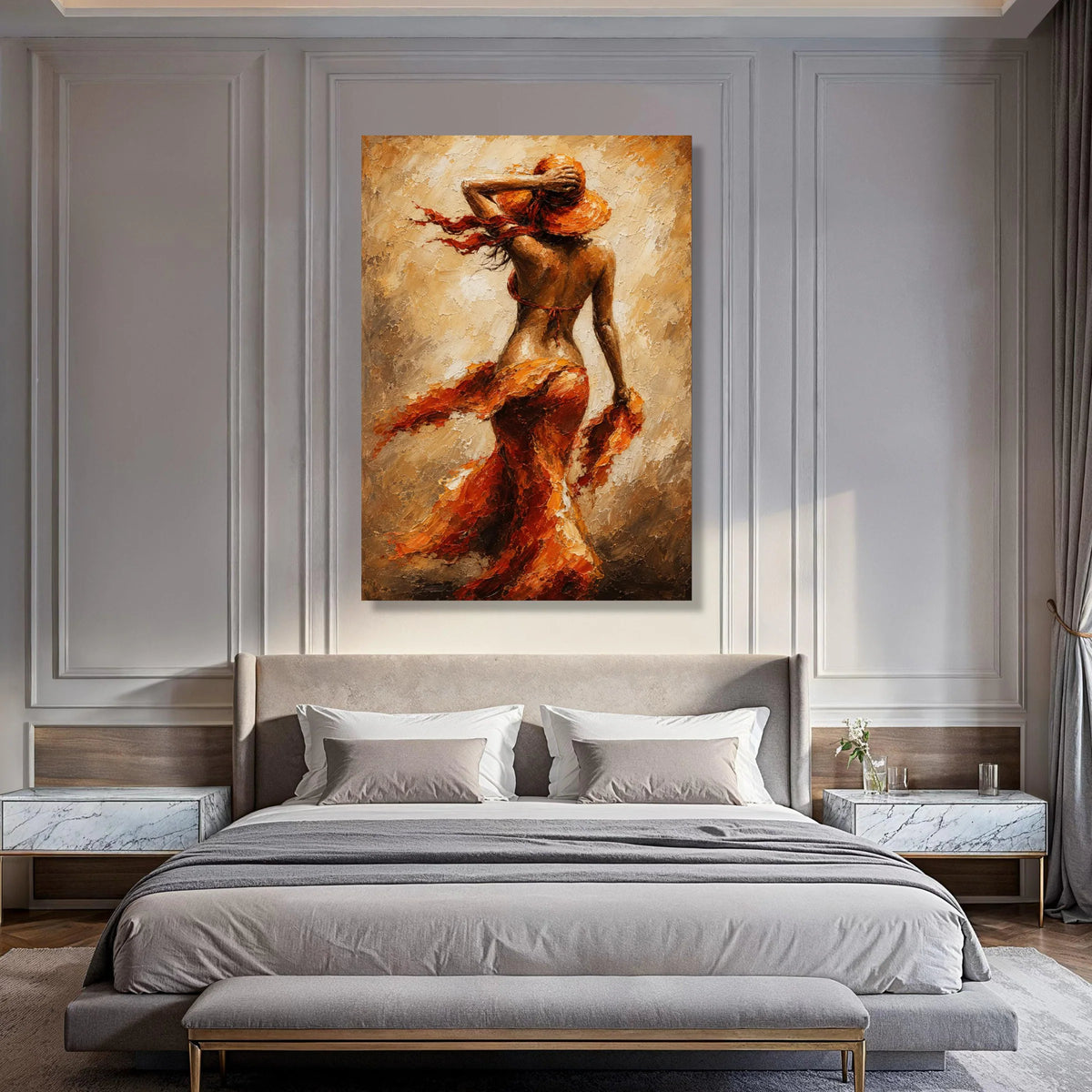 Woman Orange Dress and Hat Canvas, Abstract Female Figure Art, Beach Style Wall Decor, Warm Color Canvas, Modern Home Decoration Print Art